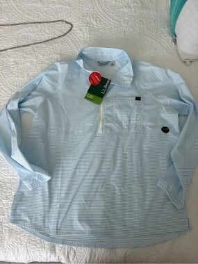 L.L. Bean Light Blue and White Striped Half-Zip Pullover